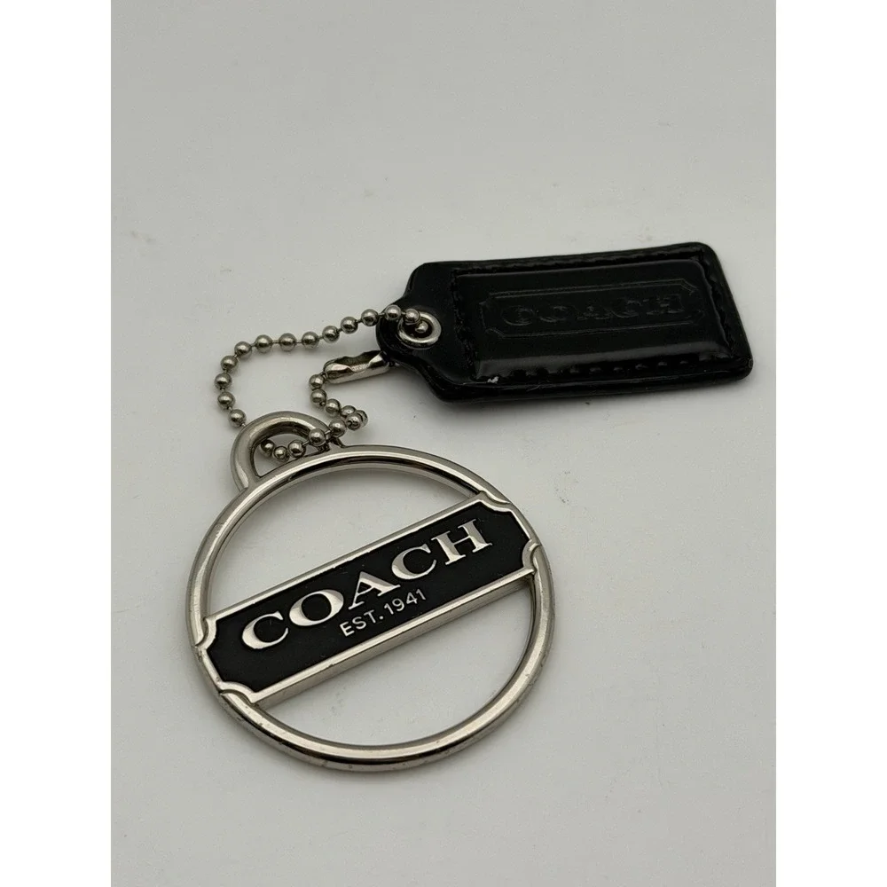 COACH Keychain Silvertone Metal Medallion Logo Purse Charm W/ Small Black Tag